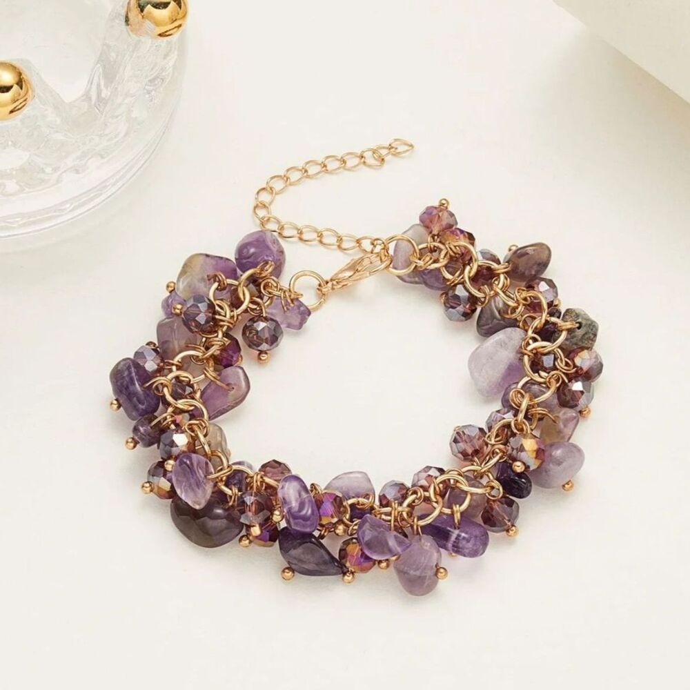 Multi Amethyst Gemstone Dangle Bracelet Chunky Beaded Crystal Adjustable Gold